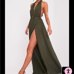 PrettyLittleThing olive halter maxi